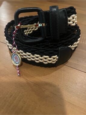 NWT Maus & Hoffman Braided Black and Cream Woven Belt with Gold Accent Buckle